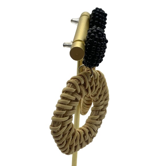 Rattan Dangle Hoop Earrings Boho Pierced Straw Wicker Braided Woven Earrings Tan - Picture 5 of 13